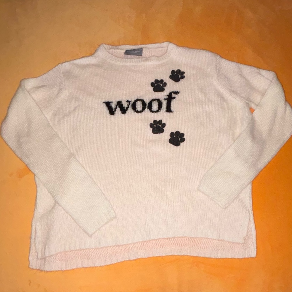 Wooden Ships Knit Sweater WOOF with paw prints S/M